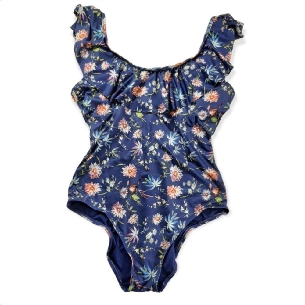 Aqua Rose Floral Ruffle One Piece Swimsuit Bathing Suit Swim Wear Size Large‍‍‍‍